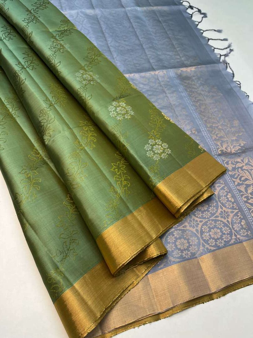 Beautiful Handloom Pure Soft Silk Empose Design Saree Pastel Green with Grey