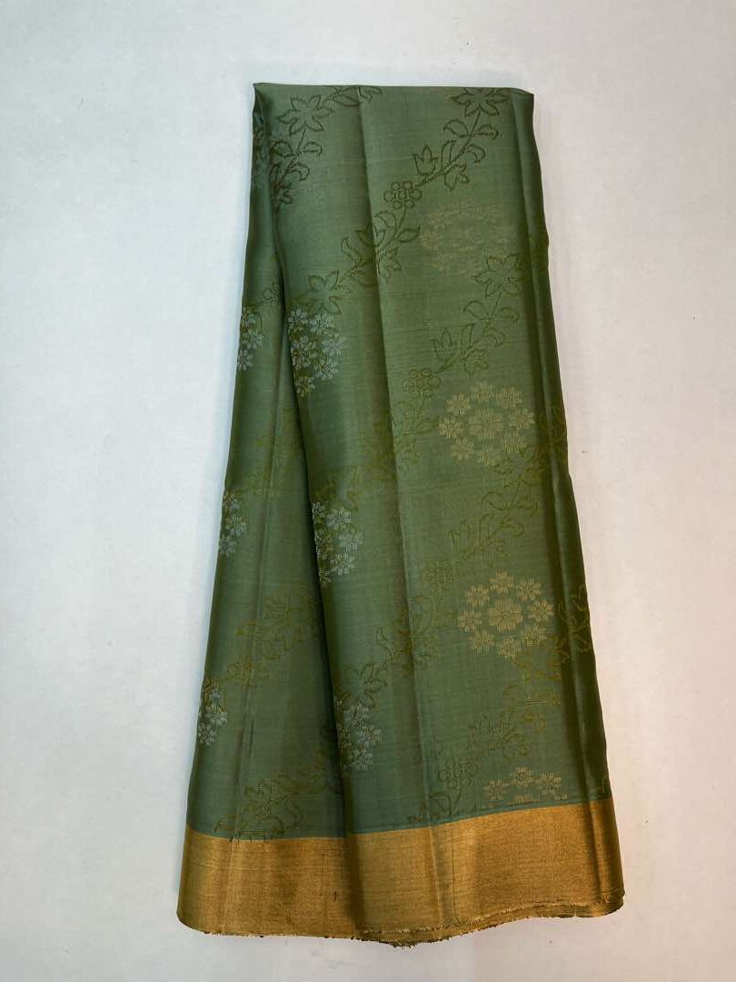 Beautiful Handloom Pure Soft Silk Empose Design Saree Pastel Green with Grey