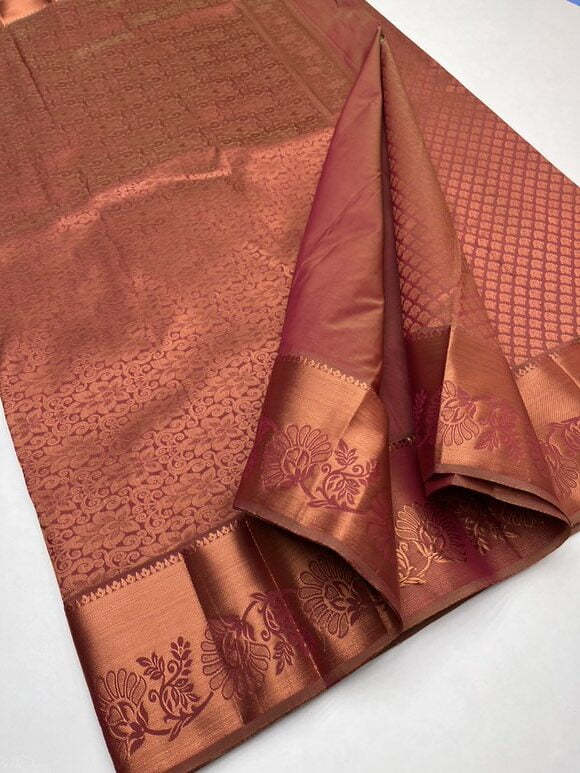 Semi Kanjeevaram Bridal saree in coral Pink color