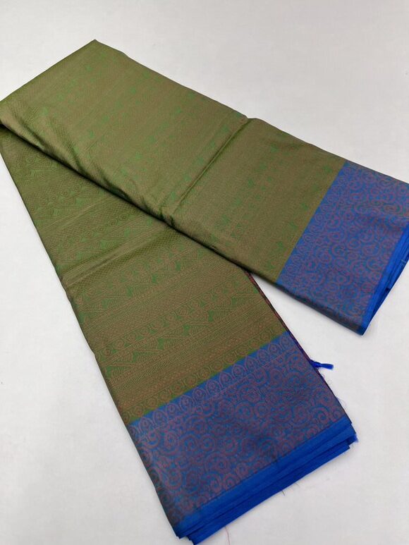 Semi Kanjeevaram Bridal saree in Green with Blue color