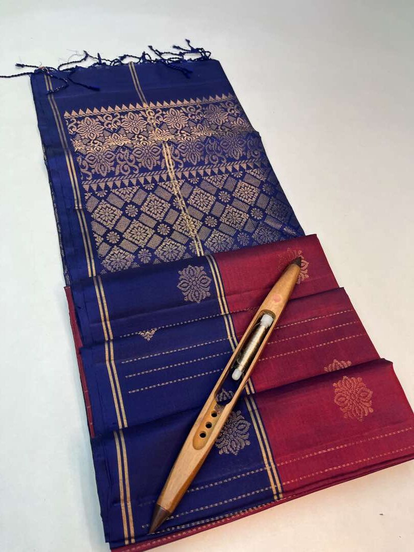 Beautiful Handloom Pure Soft Silk Rain Drop Saree in Brick Brown with Navy Blue