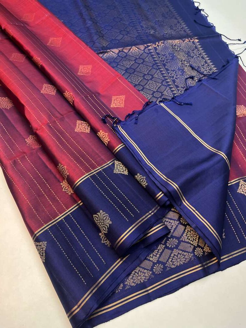 Beautiful Handloom Pure Soft Silk Rain Drop Saree in Brick Brown with Navy Blue