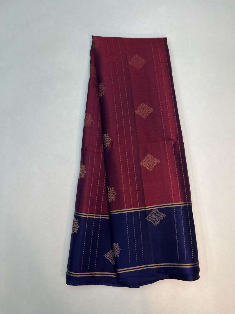 Beautiful Handloom Pure Soft Silk Rain Drop Saree in Brick Brown with Navy Blue