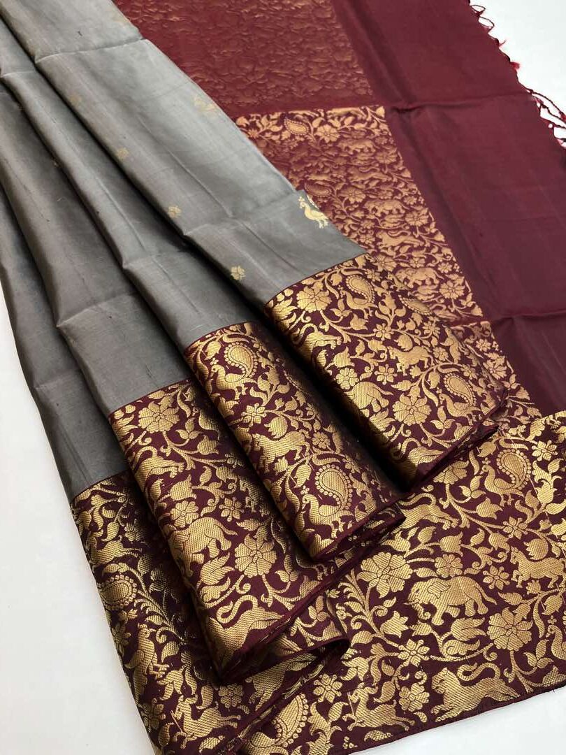 Beautiful Handloom Soft Silk Bhutta saree in Grey with Brown