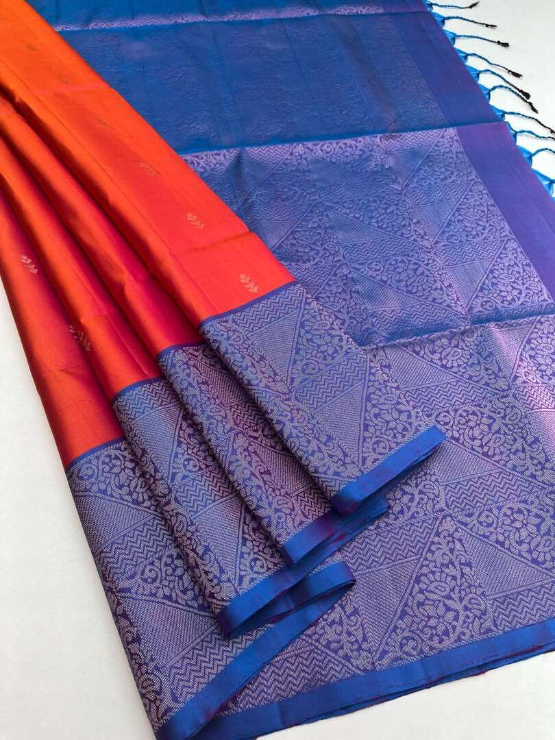 Beautiful Handloom Soft Silk Turning saree in Pinkish Orange with Blue