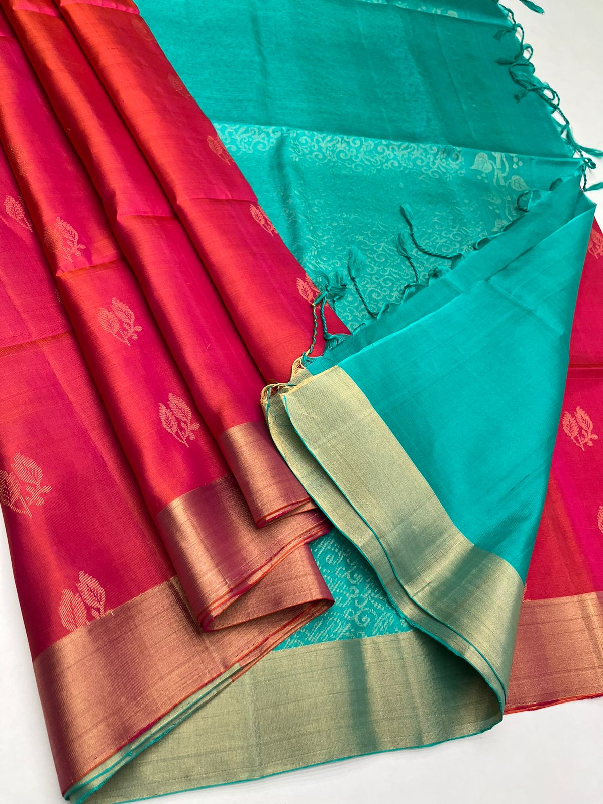 Orangish Pink with Rama Blue Soft Silk Saree