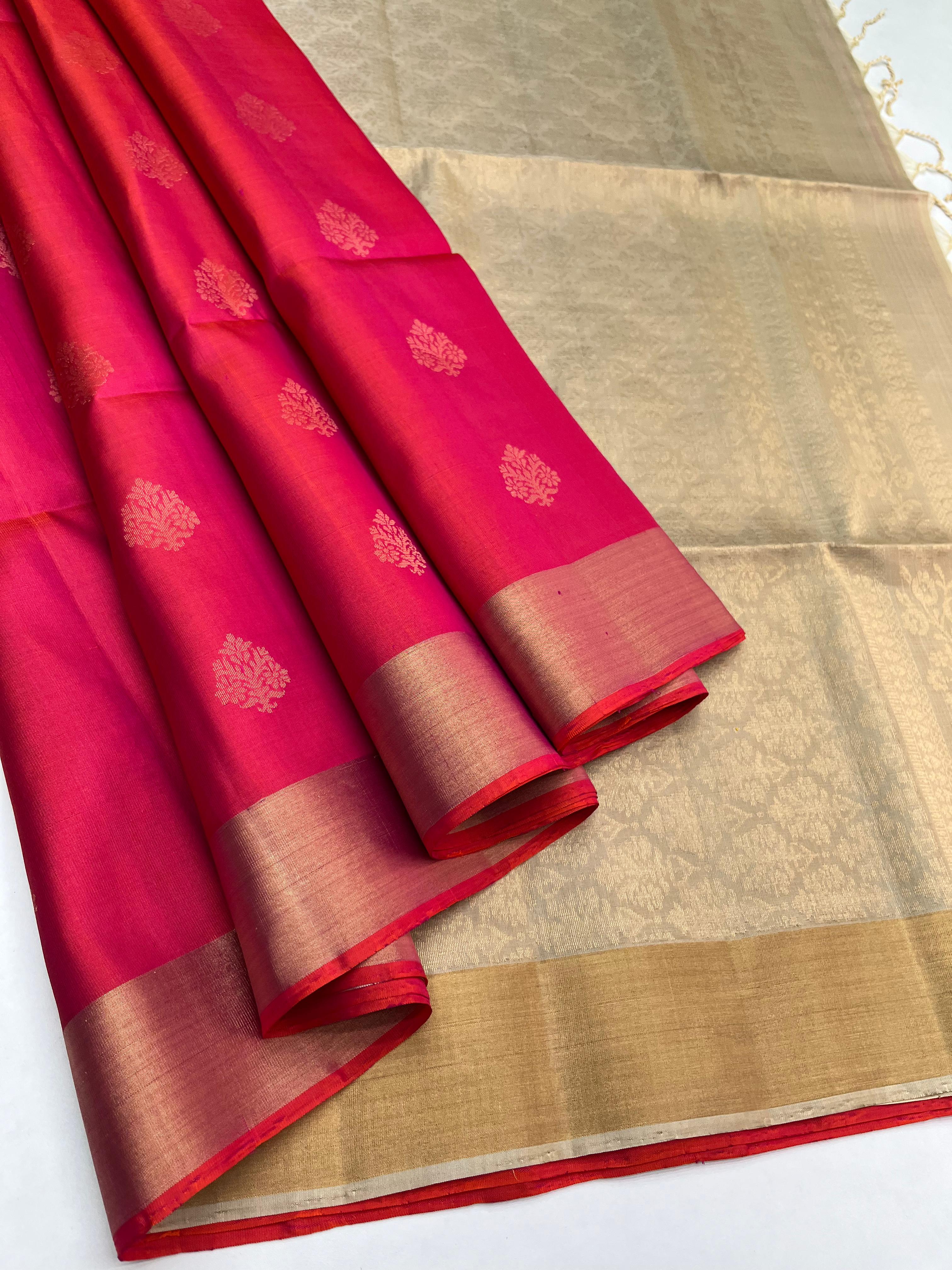 ORANGISH PINK & BEIGE SOFT SILK SAREE