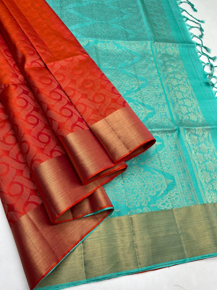 Orange & Turquoise Blue - Soft Silk Saree