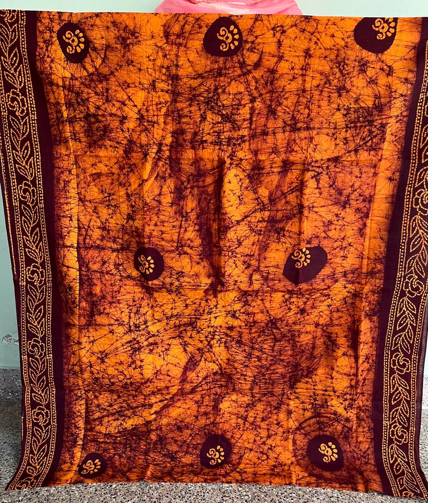 Pure cotton sarees with Wax Chungudi in Orange with Coffee Brown Color