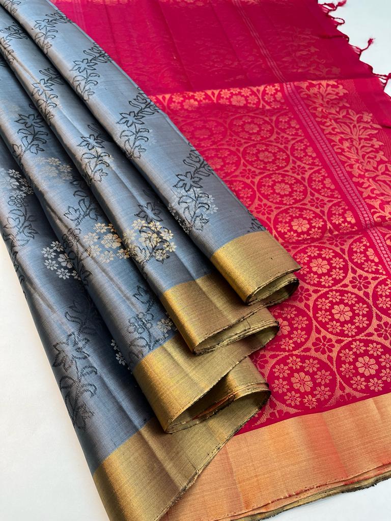 Beautiful Handloom Soft Silk Empose Design Saree in Grey with Rani Pink Color