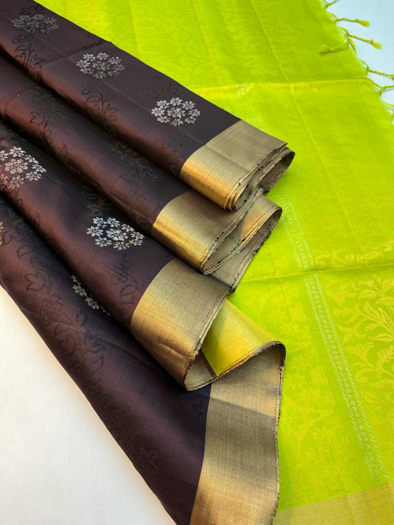 Beautiful Handloom Pure Soft Silk Empose Design Saree in Coffee Brown with Green Color