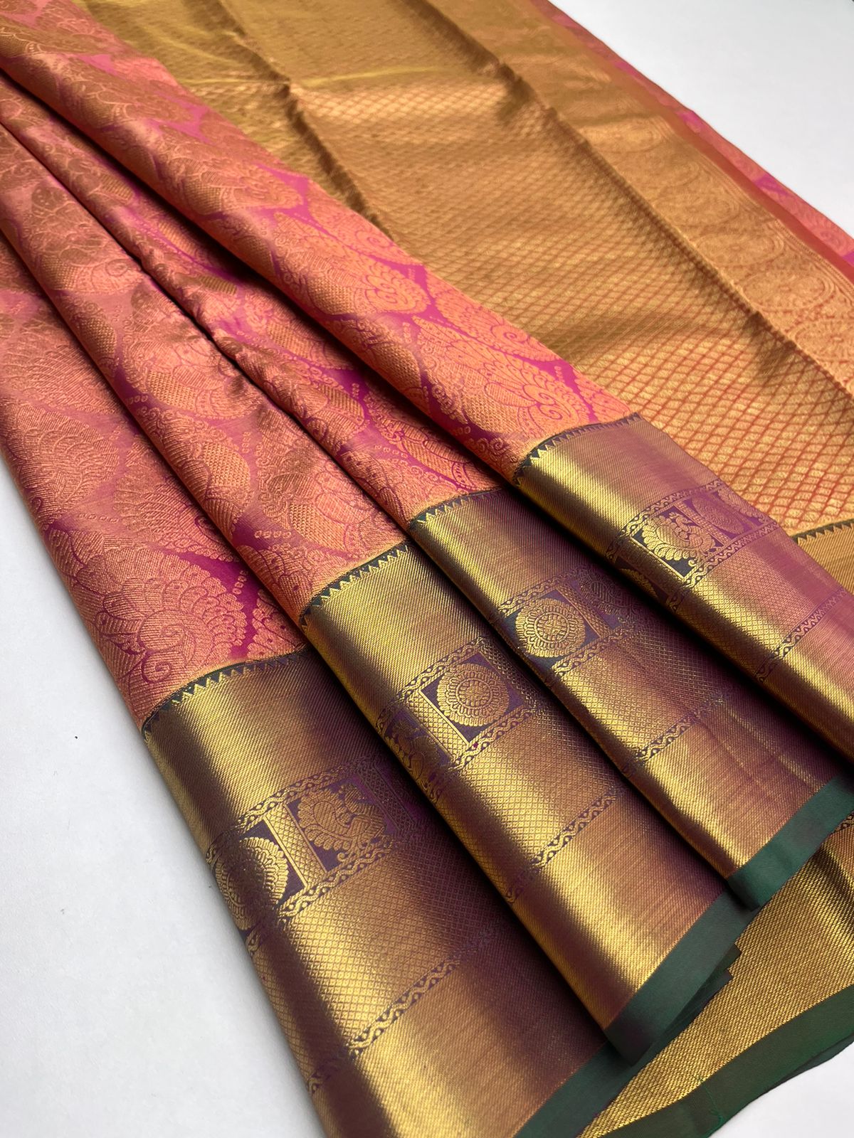 Kanjeevaram Bridal Pure Silk Saree in Peach with Green Color