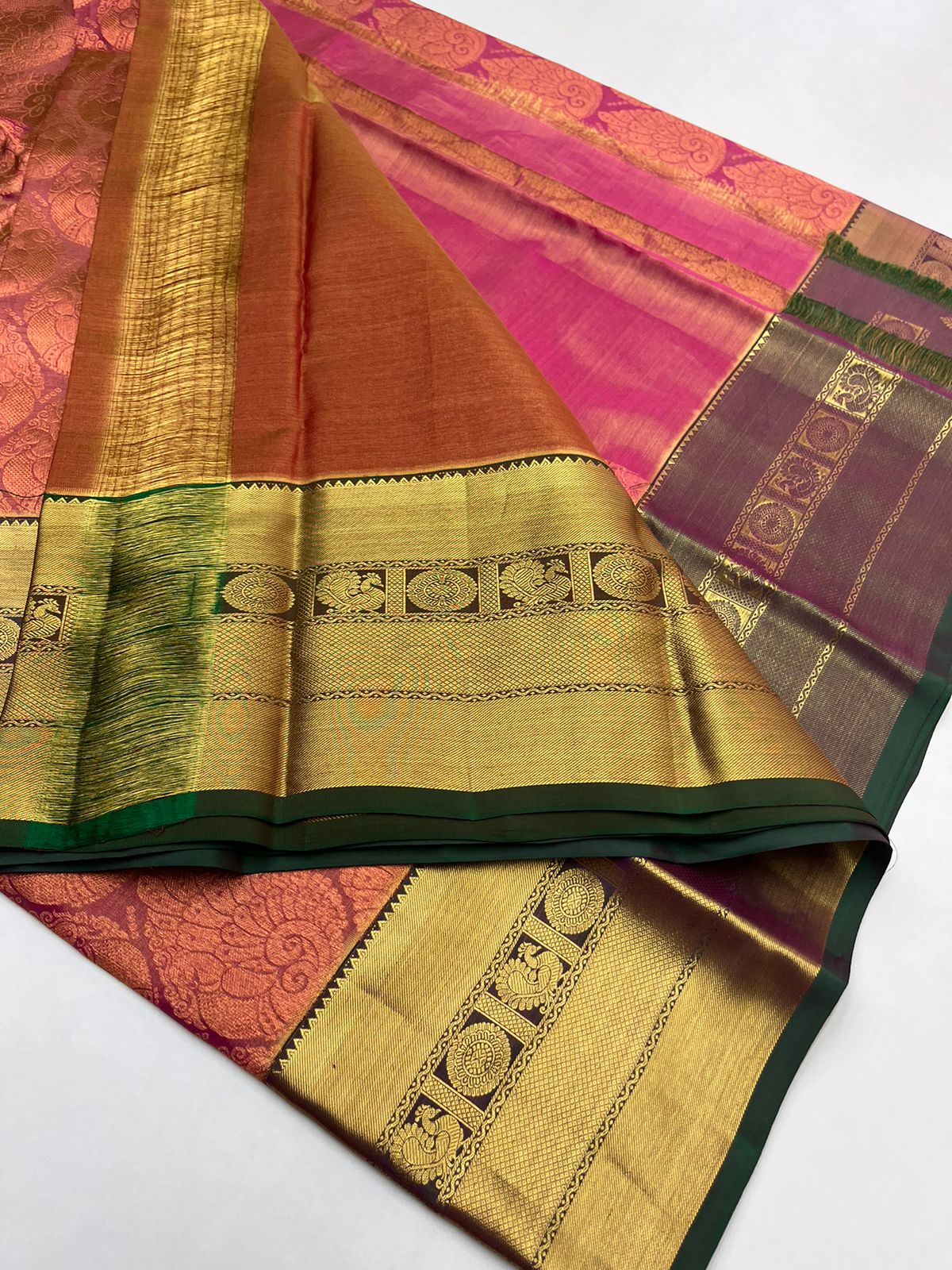 Kanjeevaram Bridal Pure Silk Saree in Peach with Green Color