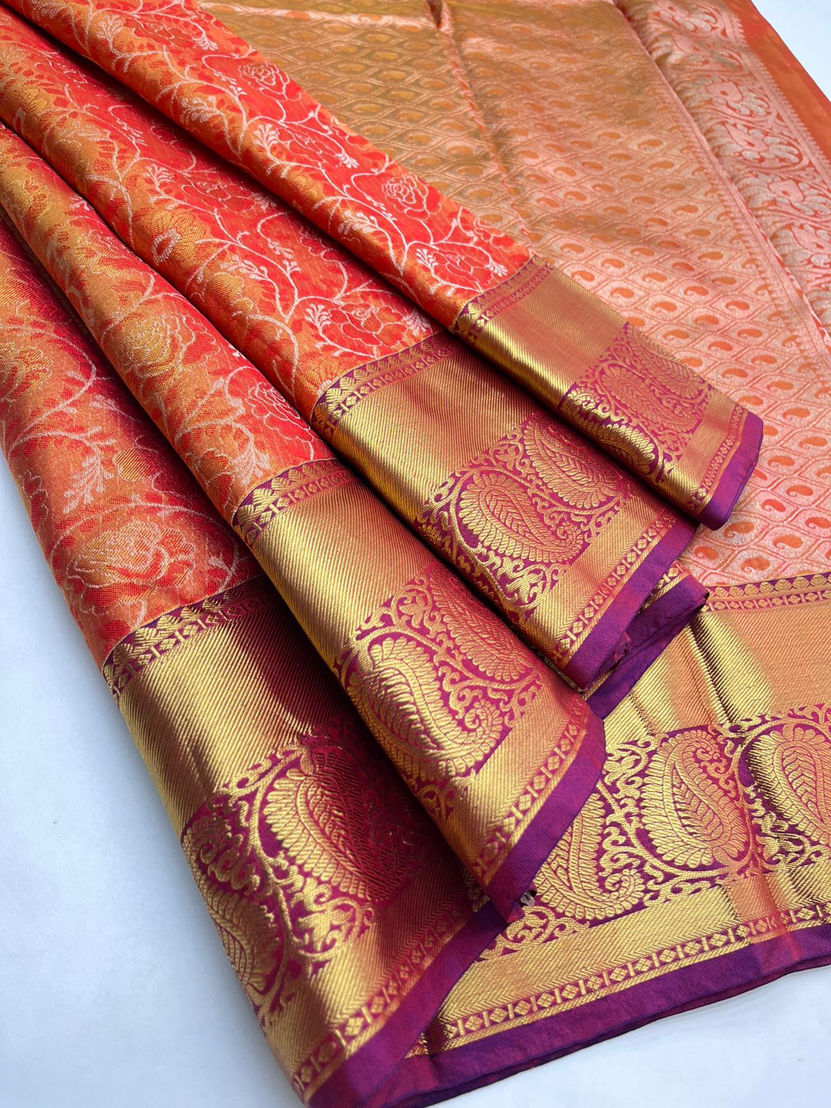 Kanjeevaram Bridal Pure Silk Saree in Orange with Purple Color