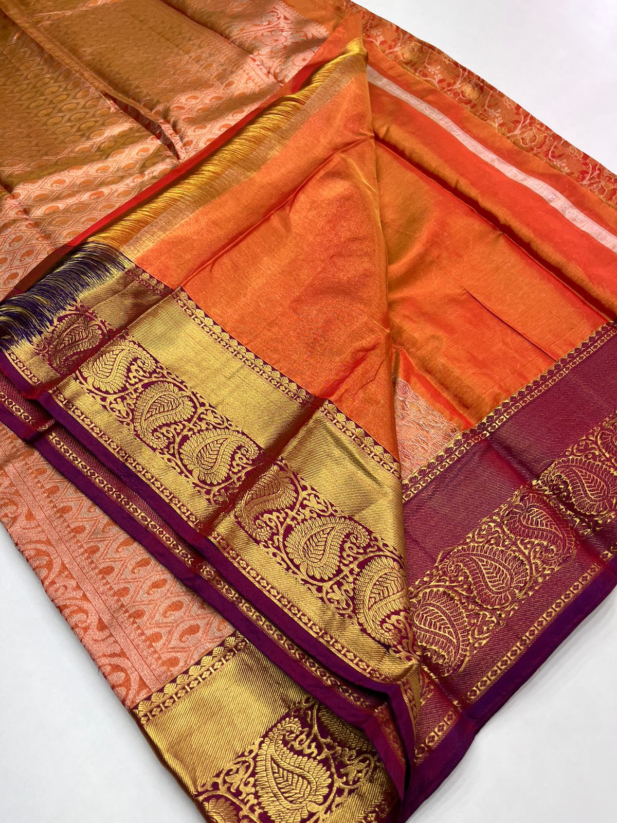 Kanjeevaram Bridal Pure Silk Saree in Orange with Purple Color