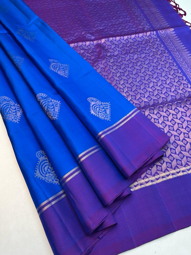 Beautiful Handloom Soft Silk Bhutta Saree in Royal Blue with Purple Color