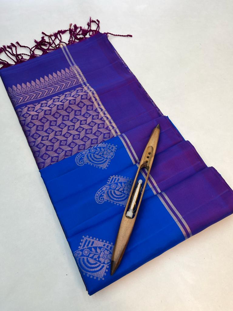 Beautiful Handloom Soft Silk Bhutta Saree in Royal Blue with Purple Color