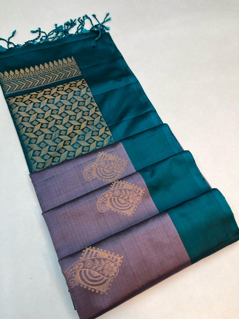 Beautiful Handloom Pure Soft Silk Bhutta Saree in Grey with Teal Green Color