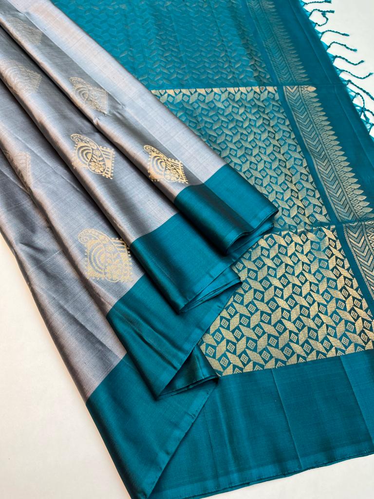 Beautiful Handloom Pure Soft Silk Bhutta Saree in Grey with Teal Green Color