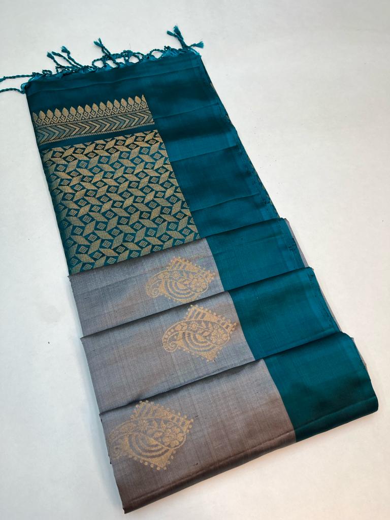 Beautiful Handloom Pure Soft Silk Bhutta Saree in Grey with Teal Green Color