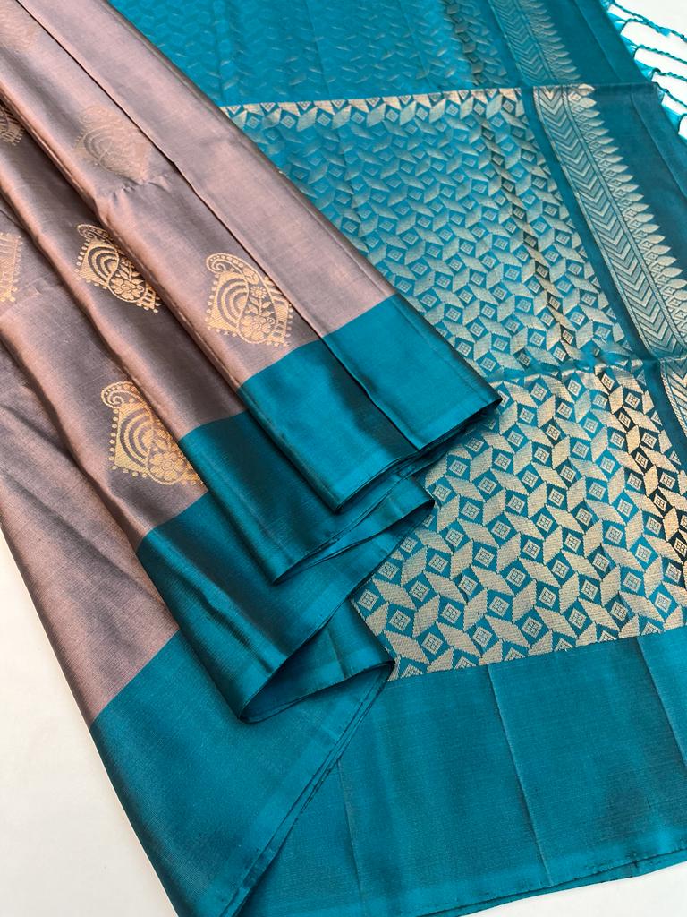 Beautiful Handloom Pure Soft Silk Bhutta Saree in Grey with Teal Green Color