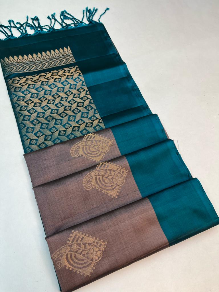 Beautiful Handloom Pure Soft Silk Bhutta Saree in Grey with Teal Green Color