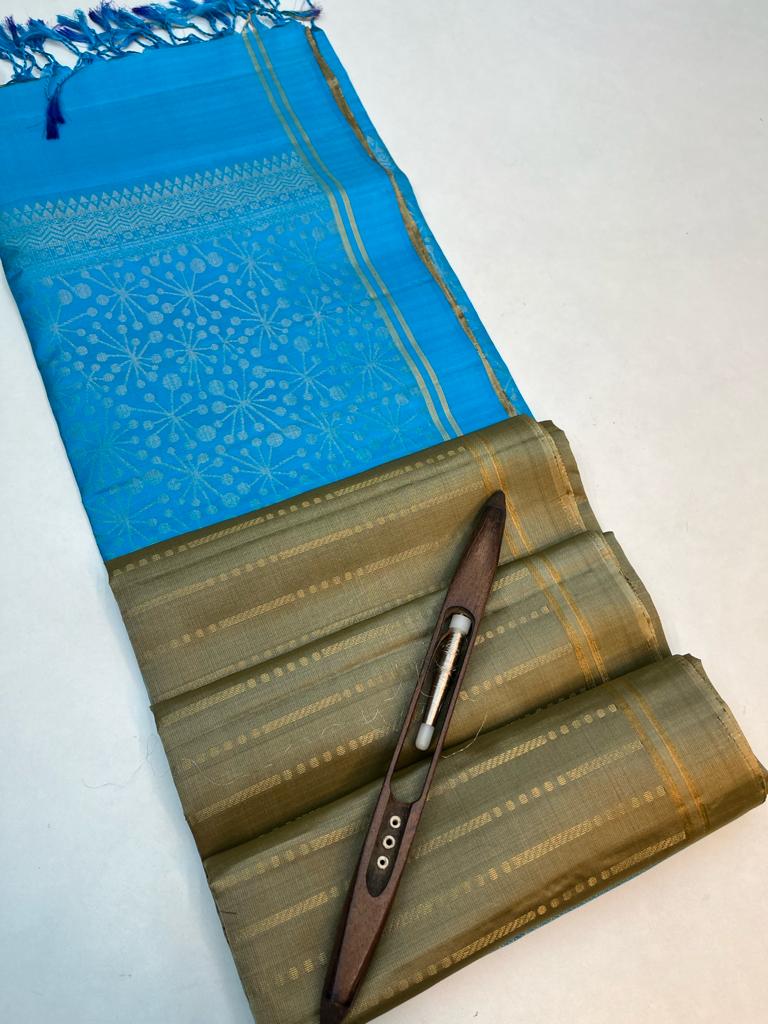 Beautiful Handloom Pure Soft Silk Fancy Saree in Peige with Copper Sulphate Color